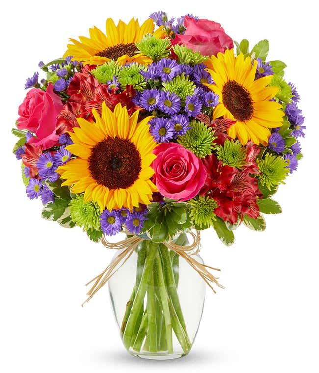 A vibrant floral arrangement featuring sunflowers, pink roses, red alstroemeria, purple Monte Casino asters, and green poms, beautifully arranged in a clear glass vase adorned with raffia. This lively mix creates a bright, cheerful display.