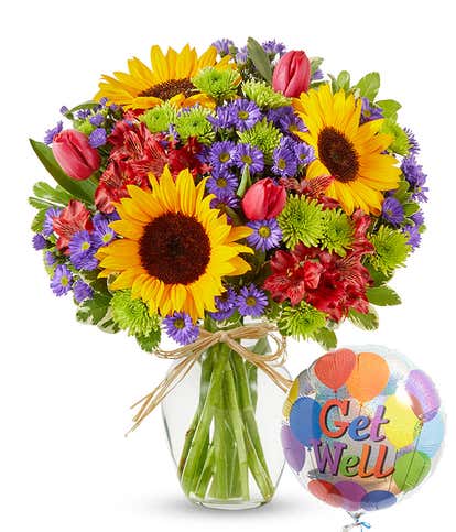 Utopian Sunflower Garden with Get Well Balloon