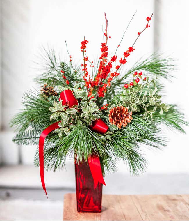Pine branches, pine cones and holly branches in red vase for Christmas