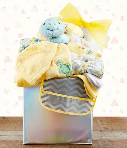 Welcome Home Baby Yellow/Teal Deluxe Gift Basket