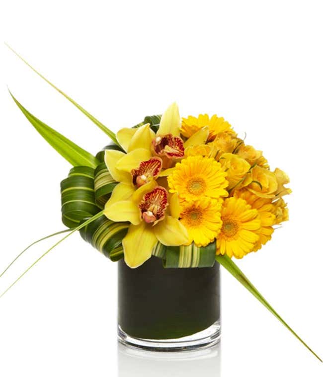 yellow roses and yellow cymbal orchid bouquet