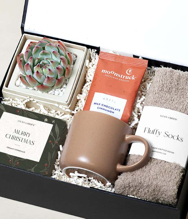 Open black gift box containing a succulent, a bar of Moonstruck milk chocolate cinnamon, a pair of fluffy beige socks, a brown ceramic coffee mug, and a &ldquo;Merry Christmas&rdquo; holiday card, arranged on white crinkle paper.