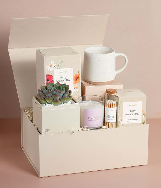 Gift Box with a Natural Speckled White Ceramic Mug, a petal blush scented candle on top of a floral gift box that says Happy Mother's Day, and a Succulent plant next to another floral gift box that says Happy Mother's Day