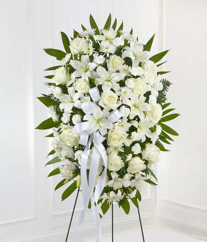 Exquisite Tribute Standing Spray-White Ribbon