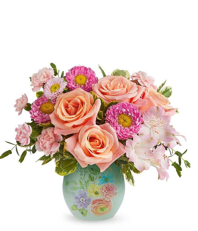 Peach Roses, Pink Alstroermia, Mini Pink Carnations, Pink Matsumoto Asters, and floral greenery in a blue vase with watercolor floral designs