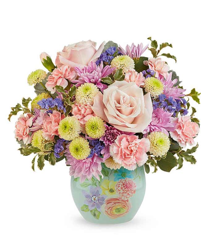 Pink Roses, Pink Mini Carnations, White Button Poms, Lavender Cushion Poms, and Floral Greenery in a blue vase with Watercolor Floral Design