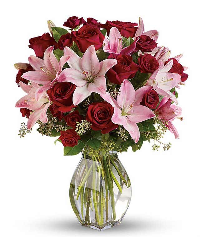 Lavish bouquet with red roses and pink asiatic lilies