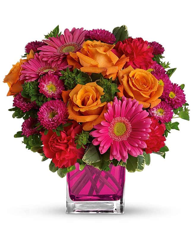 orange roses, hot pink gerber daisies and pink matsumoto flower bouquet