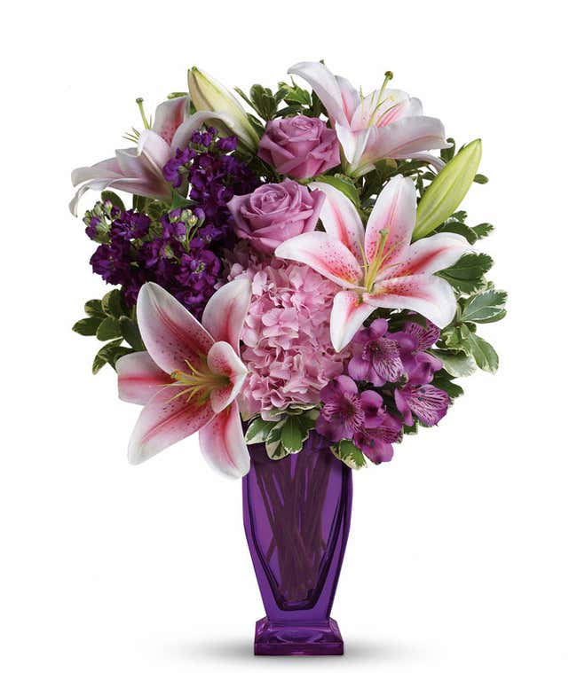 Link pink hydrangea, purple roses and pink stargazer lilies