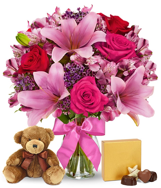 Rose & Lily Celebration with Bear & Chocolate