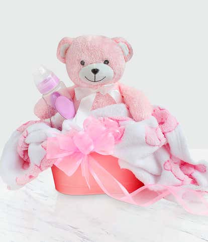 Pink Plush Baby Gift Basket