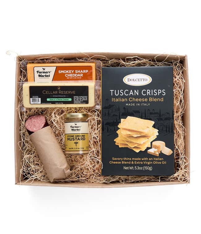 A charcuterie box with two types of cheese, crackers, stone-ground mustard, and a summer sausage.