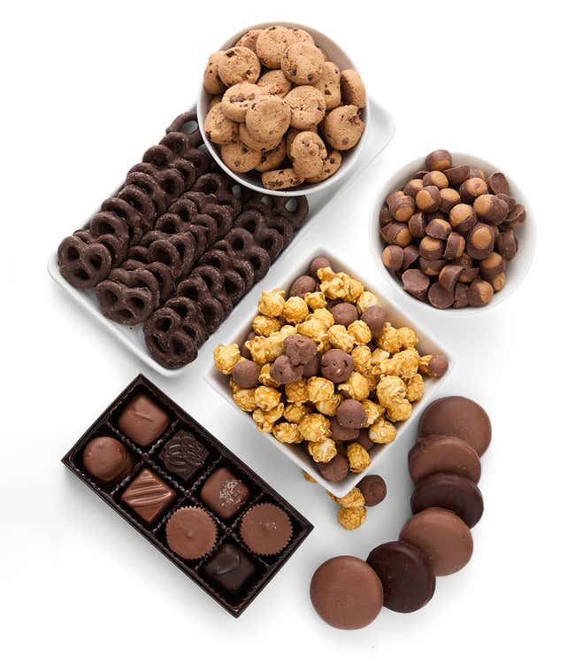 A gift set overflowing with chocolate indulgences including chocolate-covered pretzels, mini cookies, caramel popcorn, chocolate and peanut butter buckeyes, six chocolate-covered Oreos, and a box of assorted truffles for a luxurious touch.