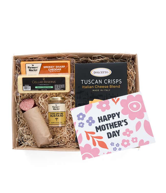A snack and wine gift box featuring 2 cheeses - chaddar &amp; Swiss, cracker crisps, summer sausage, mustard, and a bottle of red wine. A 'Happy Mother's Day,' sits on top. A perfect gift for Mom.