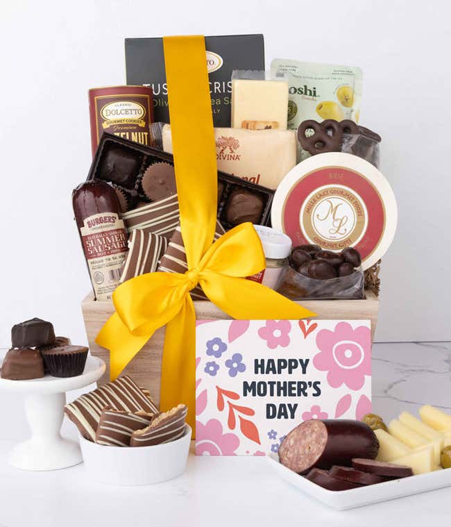 Elegant wooden gourmet gift crate filled with sausage, brie, cheeses, Tuscan crisps, chocolates, and snacks, displayed with a Happy Mother&rsquo;s Day card and sweet and savory treats.