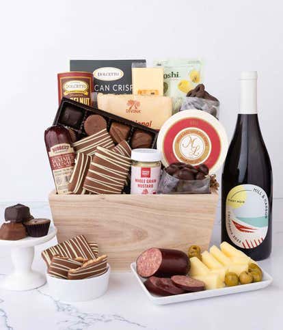 Gourmet Charcuterie & Sweets Gift Basket with Red Wine