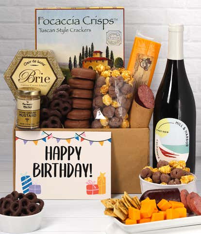 Happy Birthday Gourmet Gift Box with Red Wine