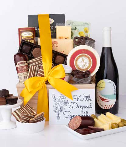 Deepest Sympathy Gourmet Charcuterie & Sweets Gift Basket with Red Wine