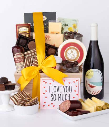 I Love You! Gourmet Charcuterie & Sweets Gift Basket with Red Wine