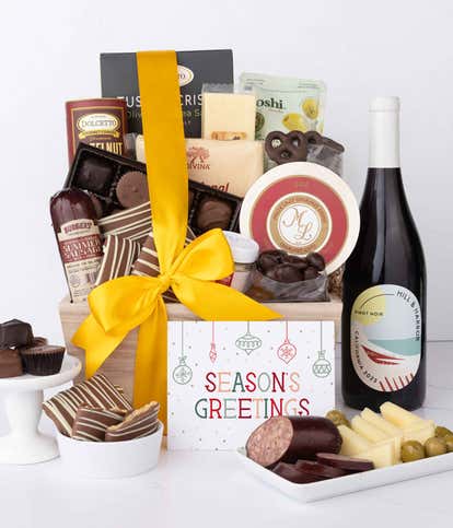 Season's Greetings Gourmet Charcuterie & Sweets Gift Basket with Red Wine