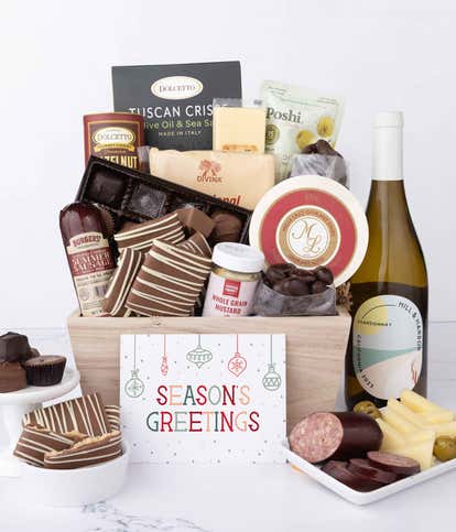 Season's Greetings Gourmet Charcuterie & Sweets Gift Basket with White Wine