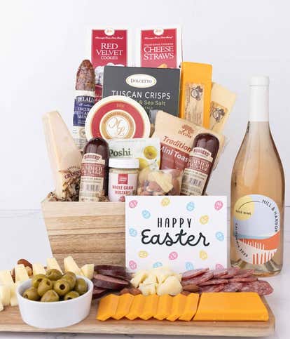 Premium Charcuterie & Cheese Easter Gift Basket with Ros&eacute; Wine