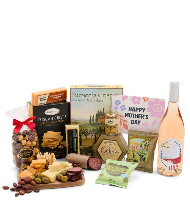A charcuterie spread with 3 cheeses, summer sausage, olives, crackers, mustard, almonds, and chocolate treats finished with a bottle of Ros&eacute; wine and 'Happy Mother's Day' card.