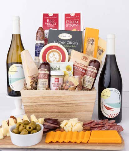 Premium Charcuterie & Cheese Basket with Red & White Wine