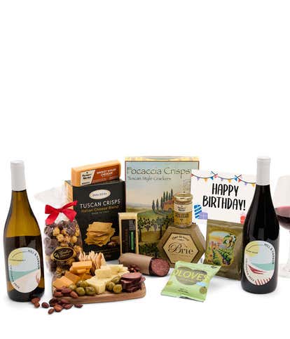 Happy Birthday! Charcuterie, Cheese & California Wine Gourmet Gift Box - Red & White Wine