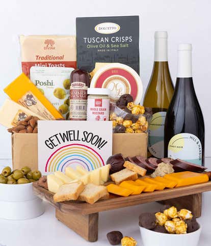 Get Well Soon! Deluxe Charcuterie & Cheese Gift Box with Red & White Wine