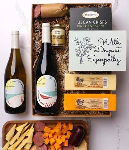 With Sympathy Cheese & Meat Gift Box with Red & White Wine