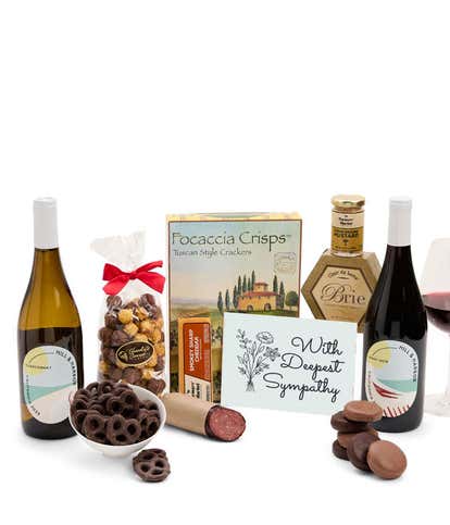Deepest Sympathy Gourmet Gift Box with Red & White Wine