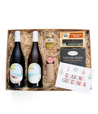 Season's Greetings Cheese & Meat Gift Box with Red & White Wine