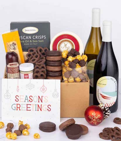 Season's Greetings Sweet & Savor Gift Box with Red & White Wine