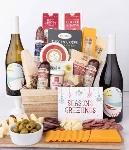 Season's Greetings Premium Charcuterie & Cheese Basket with Red & White Wine