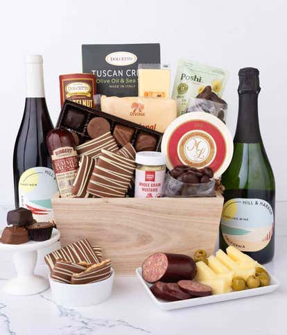 Gourmet Charcuterie & Sweets Gift Basket with Red & Sparkling Wine