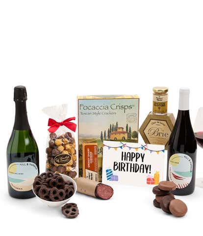 Happy Birthday! Gourmet Gift Box with Red & Sparkling Wine