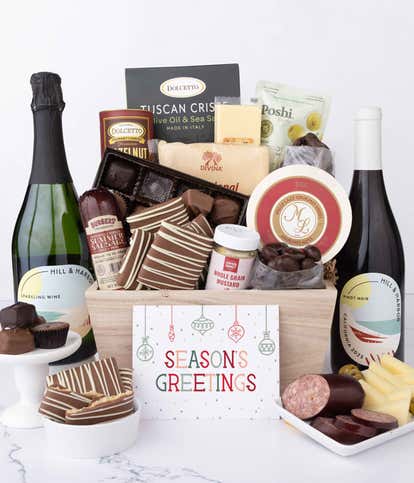 Season's Greetings Gourmet Charcuterie & Sweets Gift Basket with Red & Sparkling Wine