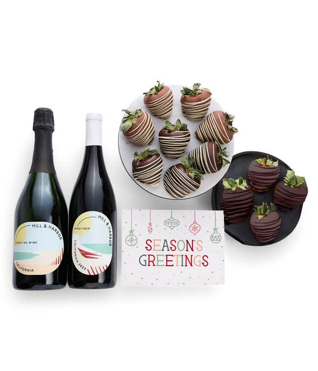 One dozen chocolate covered strawberries and two bottles of wine by Hill and Harbor - Pinot Noir and Sparkling Wine with a Season's Greetings Card