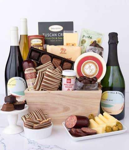 Gourmet Charcuterie & Sweets Gift Basket with Red, White & Sparkling Wine