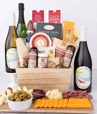 Premium Charcuterie & Cheese Basket with Red, White & Sparkling Wine
