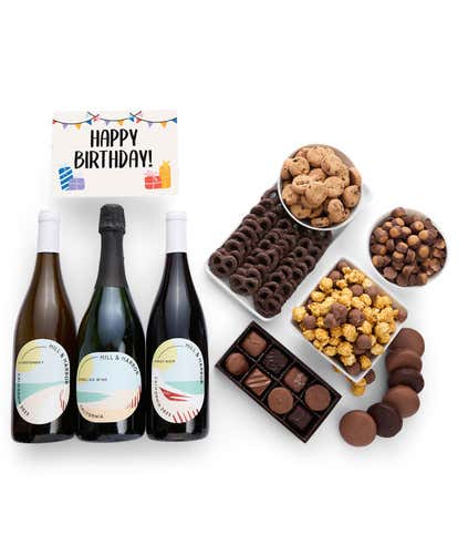 Happy Birthday! Deluxe Chocolate Gift Box with Red, White & Sparkling Wine