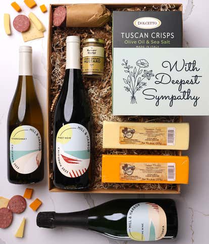 With Sympathy Cheese & Meat Gift Box with Red, White and Sparkling Wine