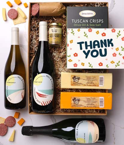Thank You Cheese & Meat Gift Box with Red, White and Sparkling Wine