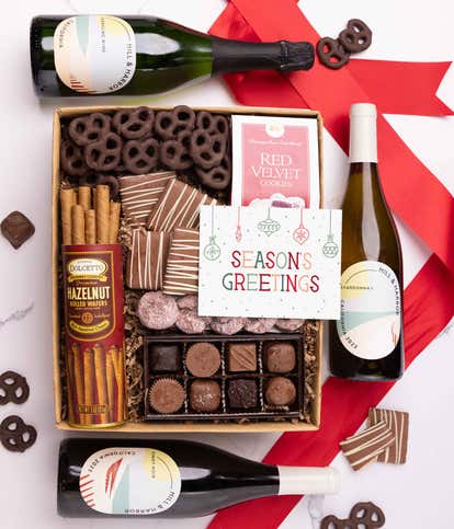Season's Greetings Sweet Treats Chocolate Gift Box with Red, White & Sparkling Wine