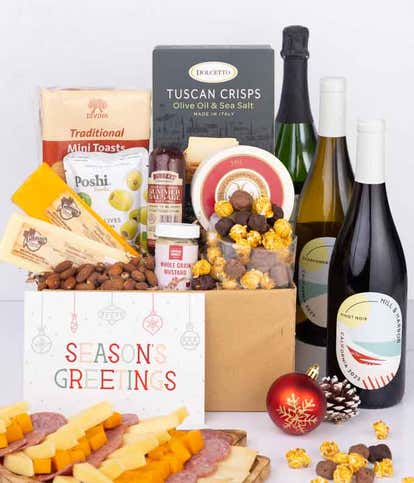 Season's Greetings Charcuterie & Cheese Gift Box with Red, White & Sparkling Wine