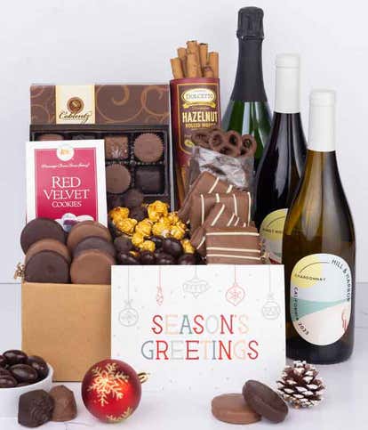 Season's Greetings Gourmet Chocolate & Wine Indulgence Gift Box - California Red, White & Sparkling Wine