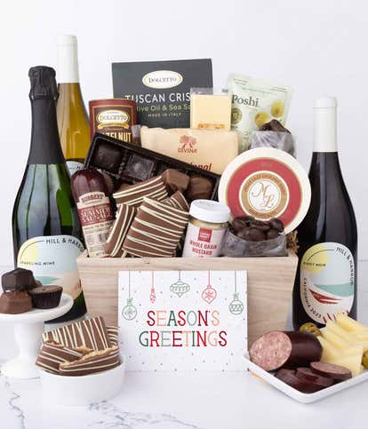 Season's Greetings Gourmet Charcuterie & Sweets Gift Basket with Red, White & Sparkling Wine