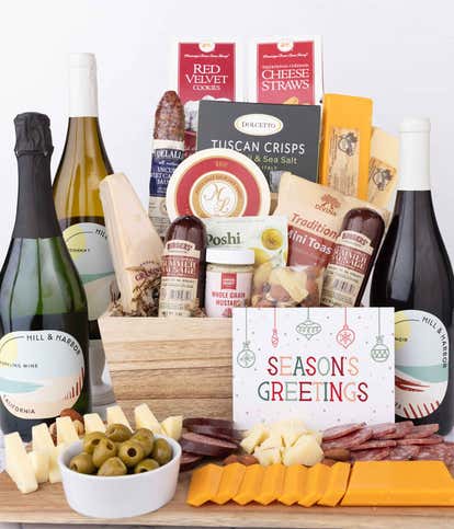 Season's Greetings Premium Charcuterie & Cheese Basket with Red, White & Sparkling Wine