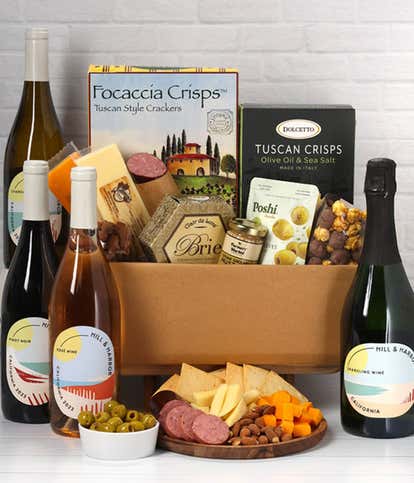 Deluxe Charcuterie, Cheese Gift with Red, White, Rosé & Sparkling Wine